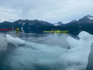 youth educational adventures group kayaking in bright kayaks on icy waters in alaska